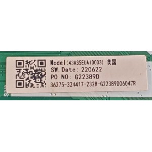 MAIN FUENTE (COMBO) PARA TV HISENSE ((VIDAA)) / NUMERO DE PARTE 220622 / TP.MT9216T.PB703 / 43A35EUA(0003) / JHD425X1F71-T9L1 / 324417 / PANEL JHD425X1F71-T0L1\S0\GM\MCKD-3A\ROH / DISPLAY HV430FHB-F90 / MODELOS 43A4H 43A35EUA / 43A45H