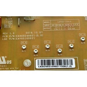 FUENTE DE PODER PARA TV LG / NUMERO DE PARTE EAY65169921 / EAX68248021 / 65169921 / EAX68248021(2.0) / PLDL-L813A / LGP65-19UL6 / 3PCR02459A / DISPLAY LC650EQ9(SM)(A1) / MODELO 65UT770H0UB / 65UT770H0UB.BUSYLOR