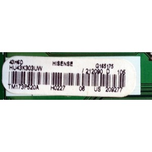 MAIN PARA TV HISENSE / NUMERO DE PARTE 212090 / RSAG7.820.6715/ROH / HU43K303UW / 209277 / PANEL HD426K3U51-T1\S0\GM\ROH / MODELO 43H6D 43G713B
