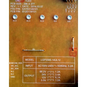 FUENTE DE PODER / LG EAY63149101 / LGP5565-14UL12 / 63149101 / B12D139101 / PANEL LC650EQF (FG)(M1) / MODELOS 65UB9500-UA / 65UB9800-UA / 65UB9300-UA / 65UB9200-UC / 65UB9200-UC.AUSWLJR / 65UB9300-UA.AUSWLJR