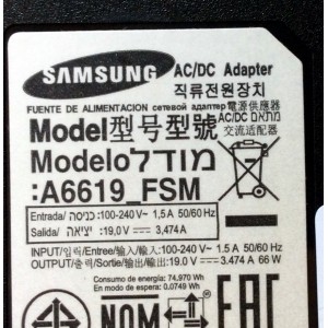 ADAPTADOR DE A/C SAMSUNG 19,0 V -- 3,474A / A6619-FSM / BN44-00837A / BN4400837A / MODELOS UN32J525DAFXZA / UN32J5205AFXZC / UN32M5300AFXZC / UN32M5300AFXZA / UN32J5205AFXZA / UN32M530DAFXZA / UA32J4373ASXMV / UE32J5205AKXRU / UE32J5200AWXXH / UE32J5200