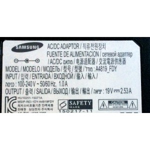 ADAPTADOR DE A/C SAMSUNG 19V -- 2.53A / A4819_FDY / BN44-00835A / BN4400835A / PARTE SUSTITUTA BN44-00838A / MODELOS UN32J4300 / UN32J4350 / UN32M4500 / UN32J4000 / UN28M4500 / UA32J4003 / UA32K4000 / HW-K430/ZC / HW-K360/ZC / WAM1500/ZX / UE32J4000