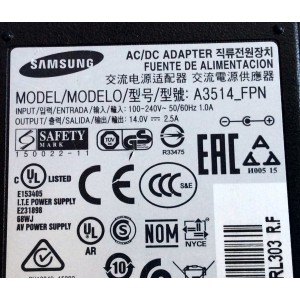 ADAPTADOR DE A/C SAMSUNG 14.0V -- 2.5A / SAMSUNG A3514_FPN / BN44-00832A / BN4400832A / MODELOS LS22D390QS/EN / UN19F4000AFXZA / UN22F5000AFXZA / LF-NXN2N/XF / LS24E510CS/XF / LF00FNXPFBZXXT / GX-SP680EL/OSP / LC24F390FHCXXF / LC27F390FHEXXM / LC32F391