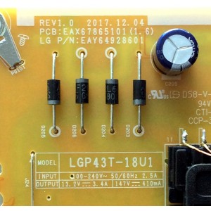 FUENTE DE PODER / LG EAY64928601 / EAX6786501(1.6) / LGP43T-18U1 / 63928601 / E247691 / PANEL HC430DQG-SLUR2-914X / MODELO 43UK6500AUA.BUSWLJM