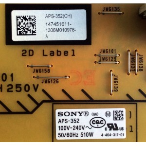 SUB FUENTE DE PODER / SONY 1-474-516-11 / APS-352 / 147451611 / APS-352(CH) / 1-888-525-11 / PANEL´S UD3Y546LTQ1 / SYV6531 / MODELOS XBR-65X850A / XBR-55X850A / XBR-55X900A / KDL-65W850A / KDL-65S990A / XBR-65X900A