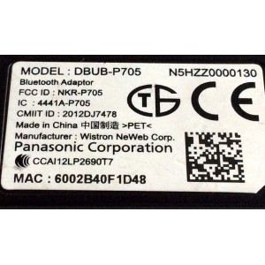 BLUETOOTH MODULE DONGLE / PANASONIC BLUETOOTH MODULE, DONGLE / DBUB-P705 / NKR-P705 / 4441A-P705 / 2012DJ7478 / 6002B40F1D48 / CCAI12LP2690T7 / MODELOS TC-P50ST60 / TC-P55VT60 / TC-P60ST60 / TC-L60DT60 / TC-P65VT60