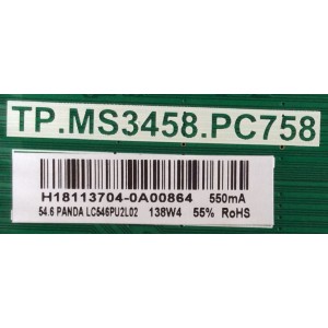 MAIN / FUENTE / (COMBO) / SUNLED / H18113704 / TP.MS3458.PC758 / 102181100157 / PANEL LC546PU2L02 / MODELO HK55WLEDM