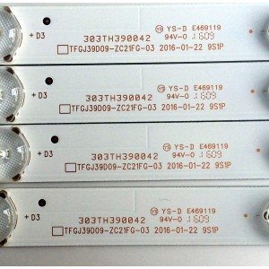 KIT DE LED´S PARA TV (4 PIEZAS) / ELEMENT TFGJ39D09-ZC21FG-03 / E469119 / 303TH390042 / C23/D/7 / 120-125/3.0-3.1 / 2010014957-3 / TH390M11 / 160308A6 / 910-390-1017 / PANEL T390HVN01.0 / MODELO ELEFW3916