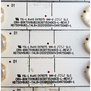 KIT DE LED'S PARA TV HISENSE ((30 PIEZAS)) / NUMERO DE PARTE HD750V6U82-TAL8 / 2020120501 / SVH750AB1 / 1248959 / 1248960 / 23059400 / E479275 / CRH-BXK75V6U823030T15240C5-L / CRH-BXK75V6U823030T15240C5-R / SVH750AB1-L / SVH750AB1-R / ST7461D01-A / 75U6G