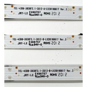 KIT DE LEDS ORIGINAL PARA TV TCL 3 PIEZAS / NUMERO DE PARTE TCL-43D8-3030F2.1 / TCL-43D8-3030F2.1-3X12-A-LX20190617 / TCL-43D8-3030F2.1-3X12-B-LX20190617 / 4C-LB4312-YH03JC / 4C-LB4312-YH04JC / PANEL LVU430NEBL-CD9W00V1 / MODELO 43S525