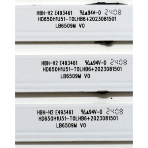 KIT DE LEDS ORIGINAL PARA TV HISENSE 8 PIEZAS / NUMERO DE PARTE LB6509M / LB6509M V0 / HD650H1U51-T0LHB6/2023081501 / HBH-H2 / 1318345 / HE240403 / 9D34 B1 / PANEL HD650H1U74-T0L7B6 / DISPLAY HV650QUB-E75 REV.2.0 / MODELO 65QD7N