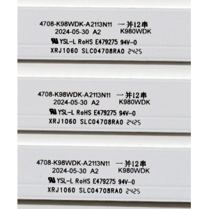 KIT DE LEDS ORIGINAL PARA TV ONN 24 PIEZAS / NUMERO DE PARTE 4708-K98WDK-A2113N11 / XRJ1060 / SLC04708RA0 / K980WDK / 112412-98411011 / K980WDK41 / N2-240815-3220H633 / PANEL K980WDK41 / DISPLAY SG9751D01-1 VER.2.1 / MODELO 100146865 98"