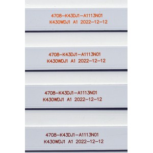KIT DE LEDS ORIGINAL PARA TV ELEMENT XUMO TV 4 PIEZAS / NUMERO DE PARTE  4708-K43DJ1-A1113N01 / K430WDJ1 A1 / BCKJ4708RA0 / 110408-43J12001 / N2-240701-32156633 / PANEL K430WDJ1 / DISPLAY V430DJ1-Q01 REV.D2 / MODELO E550AE43C