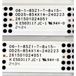 KIT DE LEDS ORIGINAL PARA TV TCL 8 PIEZAS / NUMERO DE PARTE 261501024051 / 06-1-85Z1-T-8X15-0D25-85AX14-240223 / 2301001046850 / YF-N5H2Q0A /  PANEL HK850WLEDM-JH81H / DISPLAY PT850GT01-4 VER.1.0 / MODELO 85S410R