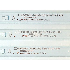 KIT DE LEDS ORIGINAL PARA TV ONN 3 PIEZAS / NUMERO DE PARTE 30350009208D / 30350009207D / LED50D09B-ZC62AG-02D / LED50D09A-ZC62AG-02D / 50000M84 / 50000M83 / DISPLAY HF500QUB-F20 / MODELO 100012585 50"