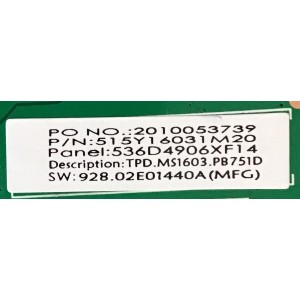 MAIN FUENTE COMBO  JVC / 515Y16031M20 / TPD.MS1603.PB751 / 536D4906XF14 / PANEL LSC490HN02-S / MODELO LT-49MAW598 AAP