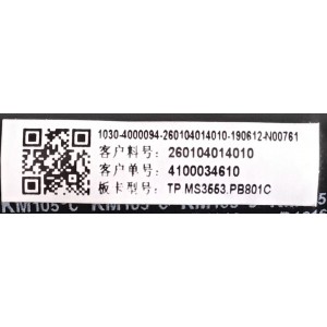 MAIN FUENTE ((COMBO)) PARA TV RCA / 260104014010 / TP.MS3553.PB801 / N19061232 / 4100034610 / PANEL HK395WLEDM-CHB8H / V400HJ6-PE1 / MODELO TR4038-G
