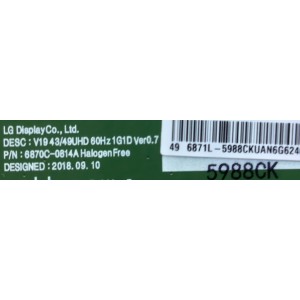 T-CON PARA TV SONY / NUMERO DE PARTE 6871L-5988C / 6970C-0814A / 5988C / PANEL YS9F049HNG01 / DISPLAY LC490EQY (SM)(A2) / MODELO XBR-49X800H