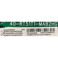 MAIN PARA TV TCL / NUMERO DE PARTE 08-AU43TML-LC254AA / 40-RT51T1-MAB2HG / RT2851 / RT51T1 / 08-RT51T04-MA200AA / 08-RT51T04-MA300AA / V8-R85T02-LF1V212 / V8-R85T02-LF1V212.009554 / NTL000486A / PANEL T430QVN03.0 / MODELOS 43A421 / 43A423