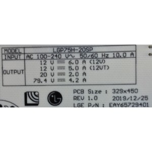 FUENTE DE PODER LG NANOCELL AI THINQ 8K SMART TV / NUMERO DE PARTE EAY65729401 / LGP75H-20SP / 65729401 / PANEL NC750DZD-AAJH1 / MODELO 75NANO99UNA / 75NAN099UNA / 75NANO99UNA.AUSWLJR