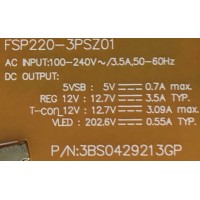 FUENTE DE PODER PARA TV SONY / NUMERO DE PARTE 1-897-216-11 / FSP220-3PSZ01 / 3BS0429213GP / 880400T00-525-G / S1-MP-1742006131 / PANEL S700DUC-1 / MODELO KD-70X690E / KD70X690E