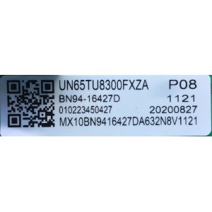 MAIN PARA SMART TV SAMSUNG Crystal UHD 4K RESOLUCION (3,840 x 2,160) / NUMERO DE PARTE BN94-15427D / BN41-02756B / BN97-17756D / 010223450427 / 20200827 / PANEL CY-CT065HGLV1H NW35 / MODELO UN65TU800FXZA FC02