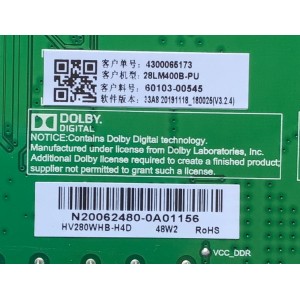 MAIN FUENTE PARA TV LG NUMERO DE PARTE 60103-00545 / TP.MS3553T.PB791 / 4300065173 / 20191118 / HV280WHB-H4D / B3644802 / PANEL BOEI28WX1 / MODELO 28LM400B-PU.AUSDLPM / 28LM400B-PU / 28LM400B