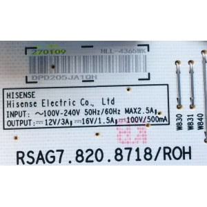  FUENTE PARA TV HISENSE / NUMERO DE PARTE 270109 / RSAG7.820.8718/ROH / CQC16134139053 / HLL-4365WK / DPD205JA1QH / PANEL HD650X1U81-L1/S0/GM/CKD3A/ROH / MODELO 65R6E4 / 65R6E3