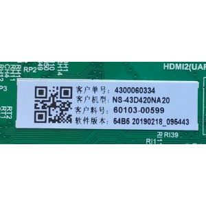 MAIN FUENTE PARA TV INSIGNIA NUMERO DE PARTE 60103-00599 / TP.MS3553T.PB790 / N20051889-2A04093 / 4300060334 / 54B620190218_095443 / PANEL BOEI430WU1-01 / MODELO NS-43D420NA20