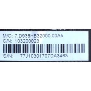 MAIN PARA TV ELEMENT NUMERO DE PARTE 103200023 / CV938H-B / 577224220 / 577037610 / B06XGJ7FYZ / PANEL T500-0UK-DLED / DISPLAY T500QVN03.0 / MODELO EL4KAMZ5017T