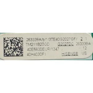 MAIN FUENTE PARA TV HISENSE NUMERO DE PARTE 263339 / RSAG7.820.9375/ROH / TM211B20QD / G2027DC / 263338 / PANEL JHD396V1F01-TXL1\GM\MCKD3A\ROH / DISPLAY V400HJ6-PE1 REV.C3 /  MODELO 40H4030F1