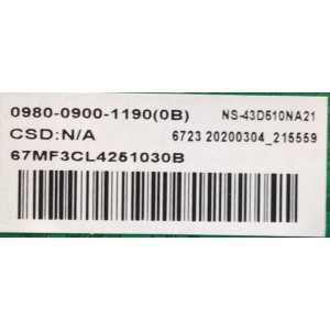 MAIN PARA TV INSIGNIA / NUMERO DE PARTE 0980-0900-1190 / TP.MS3553W.PB762 / H20031006 / 0980-0900-1190(0B) / ST4251B03-2 / 67MF3CL4251030B / MODELO NS-43D510NA21