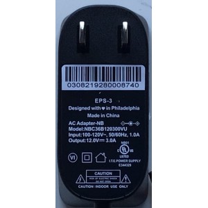 ADAPTADOR AXFINITY NUMERO DE PARTE NBC36B120300VU / EPS-3 / IMPUT: 100-120V ~ ,50/60HZ, 1.0A / 12.0V 3.0A / E344329 / MODELO NBC36B120300VU