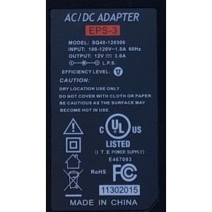 ADAPTADOR ROHS NUMERO DE PARTE SQ40-120300 / 100-120V ~ 1.0A 60HZ / 12V 3.0A / EPS-3 / E467093 / MODELO SQ40-12030