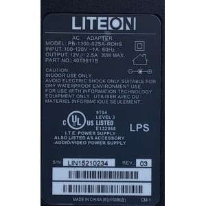 ADAPTADOR LITEON NUMERO DE PARTE 4019611B / LIN15210234 / 100-120V ~ 1A 60HZ / 12V 2.5A 30W MAX / MODELO PB-1300-02SA-ROHS