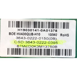 MAIN FUENTE PARA TV VIZIO NUMERO DE PARTE 3643-0222-0395 / 3643-0222-0150 / TP.MT5597.PC768 / H19030141-0A01375 / 3643-0222-0150 / 67MED0K3M13750B / DISPLAY HV430QUB-H10 / MODELO V435-G0 LAUFQEKV "