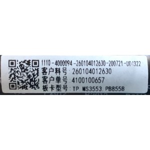 MAIN FUENTE PARA TV WESTINGHOUSE NUMERO DE PARTE 260104012630 / TP.MS3553.PB855 / 4100100657 / U20072509-0A04320 / PANEL JLTB315A072J5L819HK03332 / MODELO WD32HKB1001