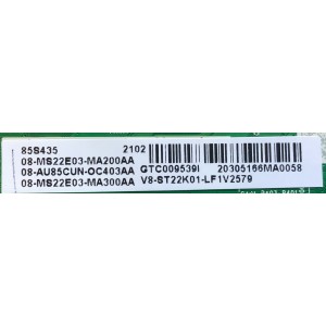 MAIN PARA TV TCL NUMERO DE PARTE 08-AU85CUN-OC403AA / 40-MS22E2-MAA2HG / 08-MS22E03-MA200AA / 08-MS22E03-MA300AA / V8-ST22K01-LF1V2579 / GTC009539I /  PANEL LVU850NDEL AD9W03 / MODEL 85S435