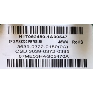 MAIN FUENTE (COMBO) PARA TV VIZIO / NUMERO DE PARTE 3639-0372-0395 / TPD.MS3393.PB765 / 3639-0372-0150 / H17092480-1A00547 / MODELO D39HN-E0 LAUAVLKT