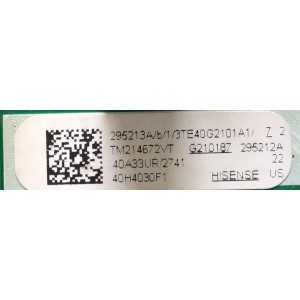 MAIN FUENTE (COMBO) PARA TV HISENSE / NUMERO DE PARTE 295213 / 295212 / TPD.RT2821.PB755 / 3TE40G2101A1 / TM214672VT / G210187 / JHD396V1F01-TXL7/S1/GM/ROH / DISPLAY V400HJ6-PE1 / MODELO 40H4030F1 