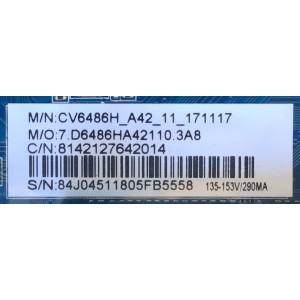 MAIN FUENTE PARA TV ELEMENT NUMERO DE PARTE 8142127642014 / CV6486H-A42 / 7.D6486HA42110.3A8 / T201803280A / E18055-ZX / PANEL CN500NC0350 / NUMERO DE DISPLAY V500DJ6-QE1 REV.T3 / MODELO E2SW5018