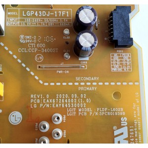 FUENTE DE PODER PARA TV LG / NUMERO DE PARTE EAY64530002 / EAX67264002 / EAX67264002(1.0) / 64530002 / 3PCR01939B / PLDF-L602B / PANEL NC430DUE-VHHX1 / MODELO 43LM5700PUA / 43LM5700PUA.BUSSLJM