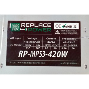 FUENTE DE PODER ORIGINAL NUEVO PARA PC REPLACE POWER / NUMERO DE PARTE RP-MPS3-420W / AC INPUT / VOLTAGE 110-260V AC / +3.3V / +5V / 11A / 12A / CURRENT 8A/4A / +12V1 /+12V2 / 8A / 8A / FREQUENCY 47-63 HZ / -12V / +5VSB /0.3A / 2A / MODELO RP-MPS3-420W