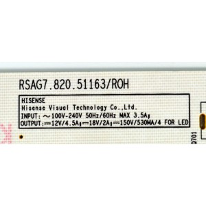 FUENTE DE PODER ORIGINAL PARA TV HISENSE / NUMERO DE PARTE 416603 / RSAG7.820.5163/ROH / CQC13134095636 / 51163-0 / DPD247PXA4K / PANEL HD850H1U51-TAL6B1\ROH / DISPLAY T850QVN03.4 / MODELO 85R6030N