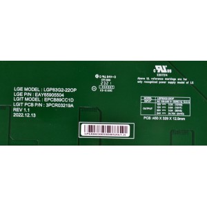 SUB FUENTE DE PODER ORIGINAL PARA TV LG / NUMERO DE PARTE EAY65905504 / 3PCR03219A / LGP83G2-22OP / EPCB89CC1D / 65905504 / PANEL LE830AQG (LQ)(B1) / MODELO OLED83G3PUA / OLED83G3PUA.BUSYLJR