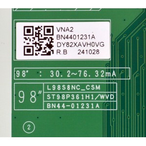 LED DRIVER ORIGINAL PARA TV SAMSUNG / NUMERO DE PARTE BN44-01231A / L98S8NC_CSM / ST98P361H1/WVD / BN4401231A / PANEL CY-TC098FKEV1H / DISPLAY HV980QUB-S1A / BOARD 100418278C0699A / 47.6004707 / 100418281C0699A / MODELO QN98Q80CDFXZA BA02