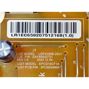 FUENTE DE PODER ORIGINAL PARA TV LG / NUMERO DE PARTE EAY65920751 / LGP4350B-25U1 / EPCD10CF1A / 3PCR03490A / 65920751 / PANEL HC430DQG-ABLA1-9145 / DISPLAY HV430QUB-F7F / MODELO 43UA7500ZUA / 43UA7500ZUA.AUSFLJD