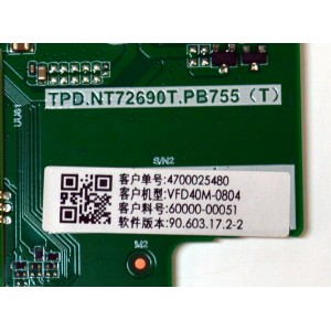 MAIN FUENTE COMBO ORIGINAL PARA TV VIZIO FULL HD / NUMERO DE PARTE 60000-00051 / TPD.NT72690T.PB755 (T) / 4700025480 / A25020241 / PANEL BOEI400WU1 / DISPLAY HV400FHB-F11 REV.1.0 / MODELO VFD40M-0804 / VFD40M-0804 LBVFW4GB