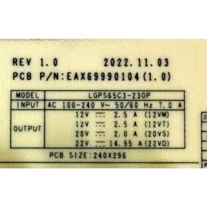 FUENTE DE PODER ORIGINAL PARA TV LG / NUMERO DE PARTE 37739401 / EAX69990104 / EAX69990104(1.0) / LGPS65C3-230P / 3GPRSL09-0001 / MODELO OLED65C3AUA / OLED65C3AUA.DUSQLJR