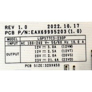 FUENTE DE PODER ORIGINAL PARA TV LG / NUMERO DE PARTE 41959901 / EAX69995203 / EAX69995203(1.0) / LGPS77C3-23OP / MODELO OLED77C4AUA / OLED77C4AUA.DUSQLJR